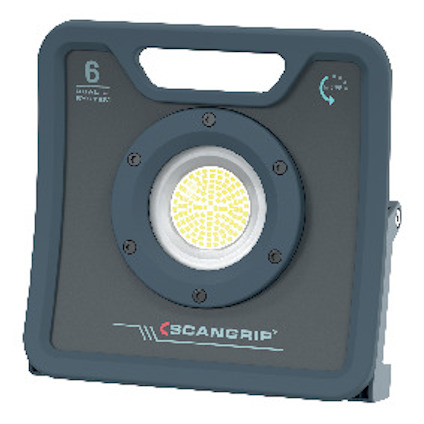 Arbetslampa med LED, märkt "SCANGRIP" och "DUAL SYSTEM", med handtag och grått hölje.