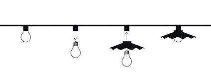 Diagram med fyra olika taklampor hängda på en rak linje.