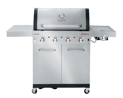 Utomhusgrill i rostfritt stål med fyra brännare samt sidohyllor och skåp undertill.