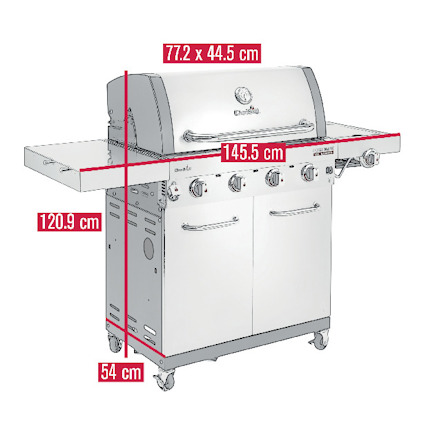 Grill i rostfritt stål med fyra vred och sidobord, mått: 145,5 cm bred, 120,9 cm hög, 77,2 cm djup, 54 cm bas.