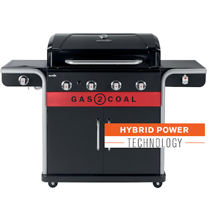 Utomhusgrill med texten "GAS 2 COAL" på framsidan och "HYBRID POWER TECHNOLOGY" på sidan.
