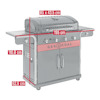 Utomhusgrill med text "Gas2Coal". Mått angivna: 85 x 43,5 cm (grill), 155 cm (bredd), 116,8 cm (höjd), 62,9