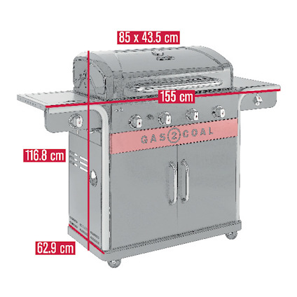 Utomhusgrill med text "Gas2Coal". Mått angivna: 85 x 43,5 cm (grill), 155 cm (bredd), 116,8 cm (höjd), 62,9