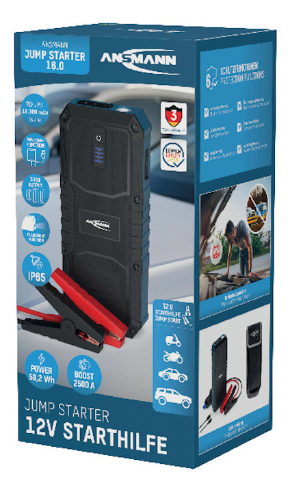 Förpackning till Ansmann Jump Starter 16.0, 12V, med boost på 2500A och flera skyddsfunktioner.