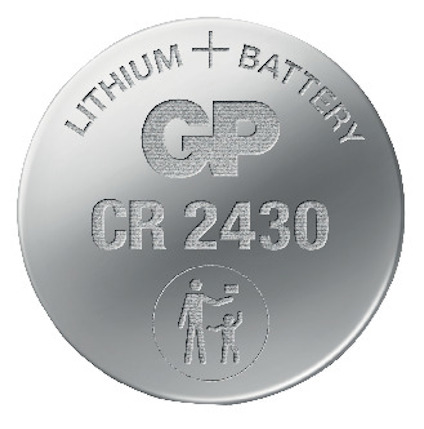 Litiumbatteri GP CR 2430 med varningssymbol och texten "LITHIUM BATTERY" och "CR 2430".