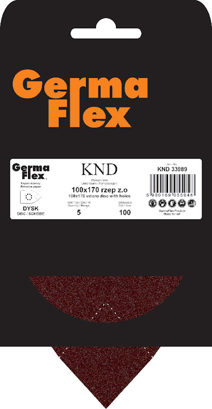 Förpackning med brun sandpapper av märket Germa Flex, etikett visar KND 100x170 zep 2,0.