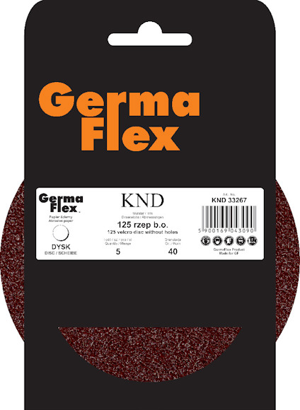 Förpackning med Germa Flex sliprondell, modell KND 33267, diameter 125 mm, grovhet 40, fem stycken.