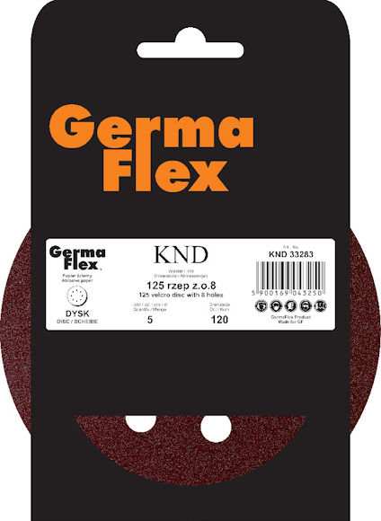 Förpackning för Germa Flex sliprondell med text: "125 rzep 2.0.8", "5", "120", "KND 32383".