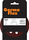 Rund sliprondell i rödbrun färg, med fem hål, förpackad av märket Germa Flex.