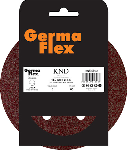 Rund sliprondell, 150 mm, Germa Flex-märke, rödbrun yta, etikett med specifikationer och streckkod ovanpå.