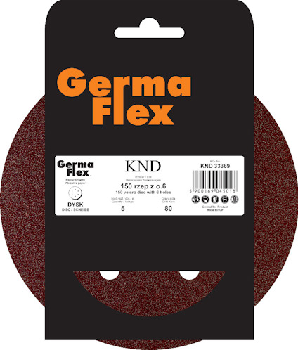 Förpackning med ett rött sliprondell från Germa Flex, modell KND 33369, 150 mm, 6 hål, kornstorlek 80.