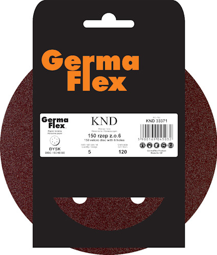 Sliprondell med hål från Germa Flex, rödbrun färg, KND märke, 150 mm, korn 120.