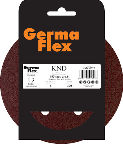 Rundt slippapper för vinkelslipmaskin, märkt "Germa Flex", 150 mm, med 8 hål, kornstorlek 320.