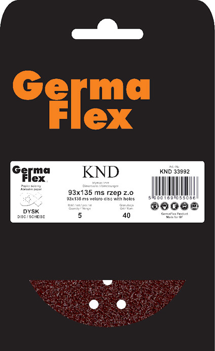 Förpackning av Germa Flex sandpapper med hål, märkning "93x135 mm", kornstorlek 40, 5 st i förpackningen.