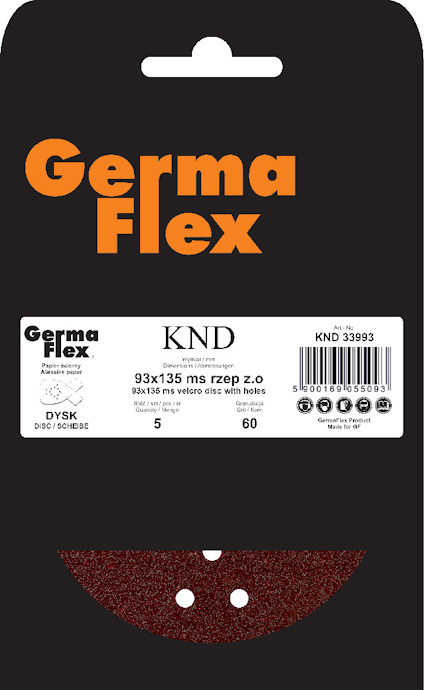 Förpackning med slippapper, etiketttext: "Germa Flex KND 93x135 mm velcro disc with holes".