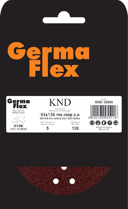 Förpackning med sliprondell Germa Flex, 93x135 mm, 120 korn, fem pack.
