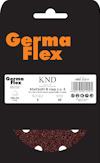 Förpackning med Germa Flex sandpapper, etikett med text och specifikationer, synligt sandpapper med sex hål.