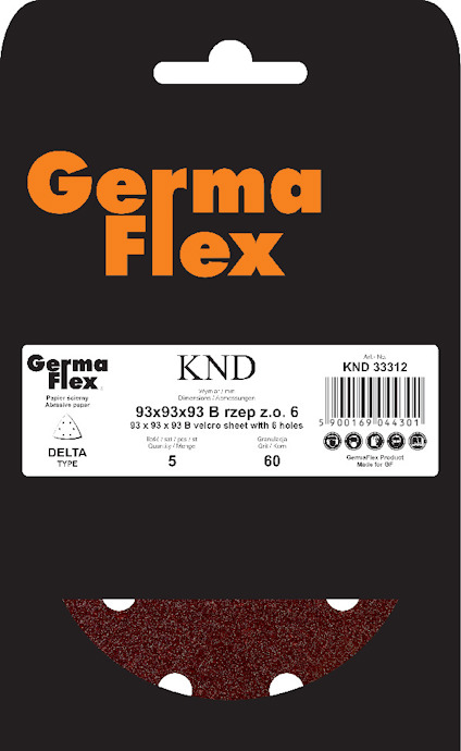 Förpackning med Germa Flex sandpapper, modell KND 33312, 60 korn, 5 ark, 93x93x93 mm, med 6 hål.
