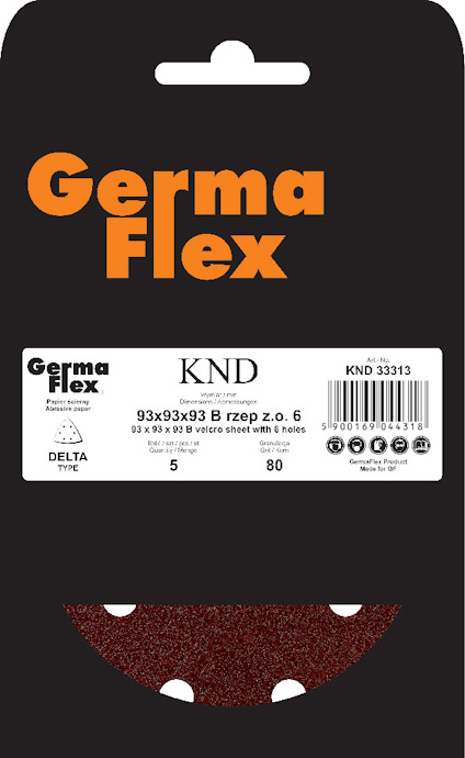 Förpackning för Germa Flex slippapper med specifikationer: 93x93x93, B zrep z.o. 6 hål, KND 33313, 5 stycken, kornstorlek 80