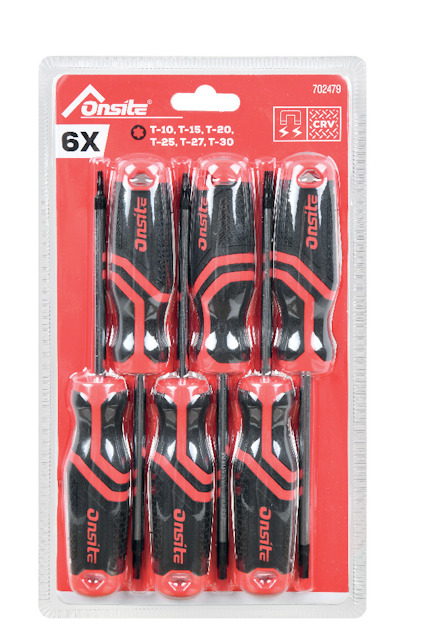 Sexdelat skruvmejselset i plastförpackning, storlekar: T-10, T-15, T-20, T-25, T-27, T-30.