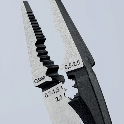 Tång med graderad mätmarkering, text "0.5-2.5", "Cimp", "0.7-1.5", "2.5". Utformad för trådbearbetning.