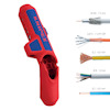 Röd och blå kabelskalare med märkningen "KNIPEX", olika kabeltyper visas bredvid, måttangivelser i millimeter.