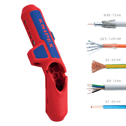Röd och blå kabelskalare med märkningen "KNIPEX", olika kabeltyper visas bredvid, måttangivelser i millimeter.