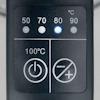 Kontrollpanel med temperaturinställningar: 50°C, 70°C, 80°C, 90°C, 100°C. Belyst ikon vid 80°C. Strömknapp och justeringssymboler.