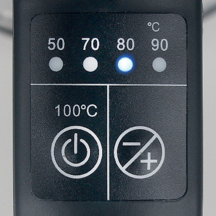 Kontrollpanel med temperaturinställningar: 50°C, 70°C, 80°C, 90°C, 100°C. Belyst ikon vid 80°C. Strömknapp och justeringssymboler.