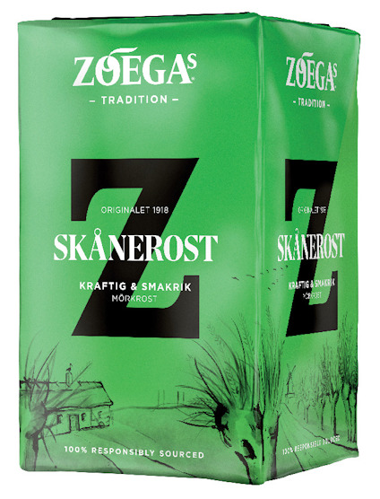 Grön förpackning med texten "Zoégas Tradition Skånerost, kraftig & smakrik mörkrost, originalet 1918".