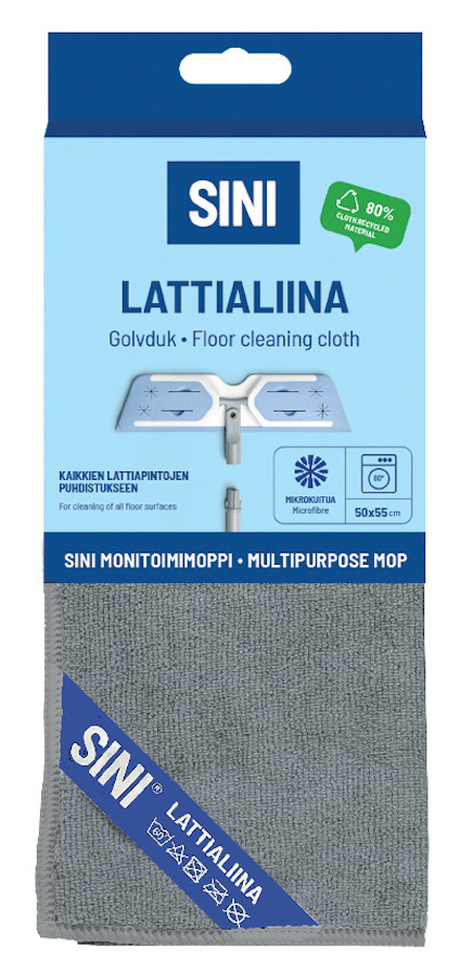 Förpackning av grå golvduk med text "SINI Lattialiina Golvduk - Floor cleaning cloth". 80% återvunnen fiber.