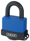 Blått hänglås med svart båge och ett svart lock märkt "ABUS" i vitt.