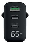 Svart laddare med en USB-port märkt "A1 (max. 60 W)" och två USB-C-portar märkta "C1/C2 (max. 65 W)". Visar "65 W".