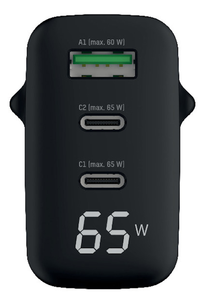 Svart laddare med en USB-port märkt "A1 (max. 60 W)" och två USB-C-portar märkta "C1/C2 (max. 65 W)". Visar "65 W".