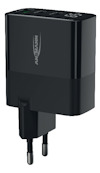 Svart väggladdare med två europeiska stift och USB-portar på ovansidan.
