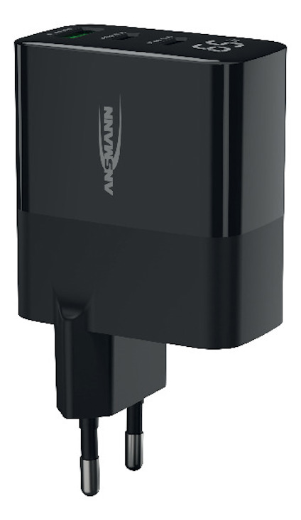 Svart väggladdare med två europeiska stift och USB-portar på ovansidan.