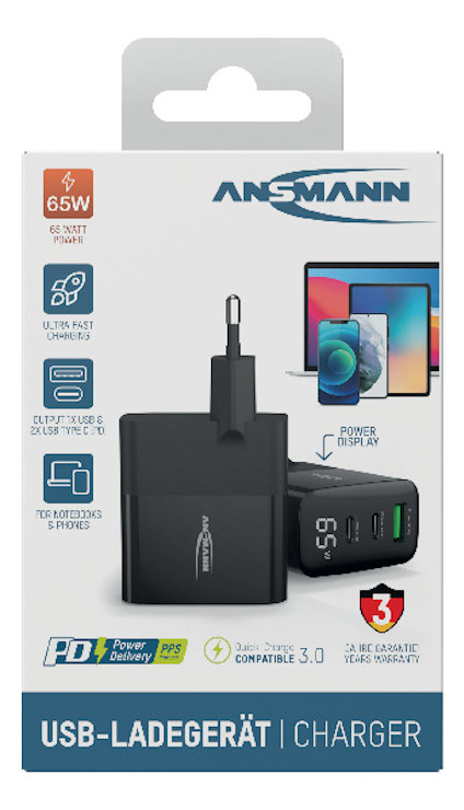 Förpackning för ett Ansmann 65W USB-laddare, PD-kompatibel, med en bild av laddaren och en garanti på 3 år.