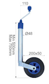 Stödhjul med vev, mått: höjd 110 mm, rör Ø48 mm, höjdjustering 500-750 mm, hjuldiameter 200 mm.
