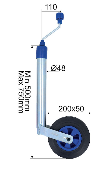 Stödhjul med vev, mått: höjd 110 mm, rör Ø48 mm, höjdjustering 500-750 mm, hjuldiameter 200 mm.