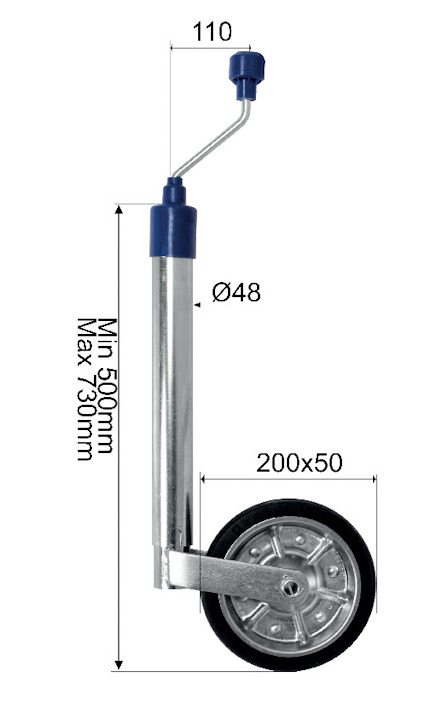 Stödben med vev, diameter 48 mm, höjd justerbar mellan 500 mm och 730 mm, hjulstorlek 200x50 mm.