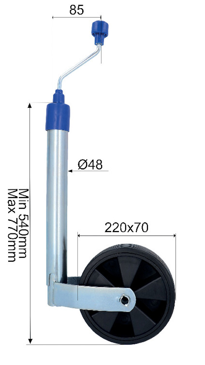 Hjul med måttangivelser: 85, 540-770 mm, 48, 220x70, blått handtag.