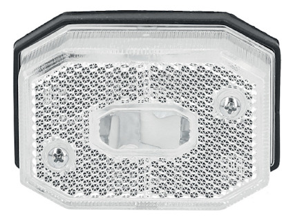 Rektangulär reflex med vita prismatiska ytor och två skruvhål.