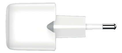 Vit väggadapter med två stift och en USB-portöppning på sidan.