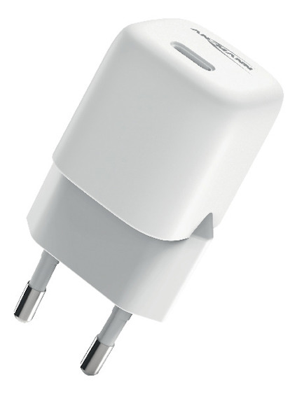 Vit strömadapter med två stift och USB-C-port.