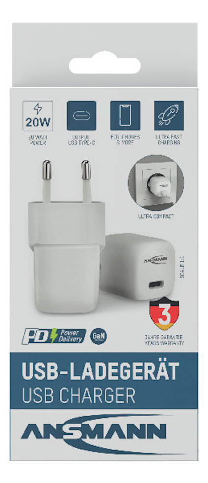Förpackning till USB-laddare med texten "USB-LADEGERÄT", "20W", "USB C", "PD", och "ANSMANN".