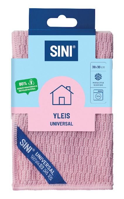 Rosa Sini rengöringsduk 30x30 cm med text "Yleispuhdistusliina" och 80% återvunnet material som visas på förpackningen.
