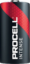 Svart cylinderformad batteri med röd detalj och texten "PROCELL INTENSE" i vitt.