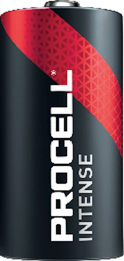 Svart cylinderformad batteri med röd detalj och texten "PROCELL INTENSE" i vitt.