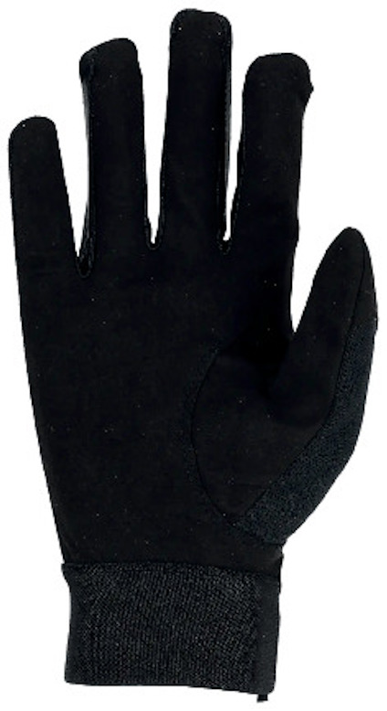 Svart, femfingrad handske med elastisk mudd och förstärkning på handflatan.