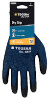 Arbetshandske "TEGERA OIL GRIP 8850R", blå med svarta fingertoppar, etikettanger precision, touchfunktion och miljöanpassning.